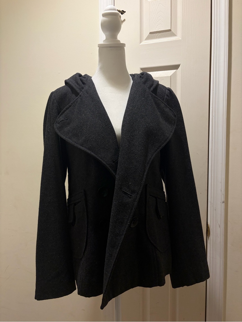 GUESS Womens Black Hooded Pea Coat